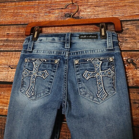 Stella In Dreams Jeans 5 27 Mid Rise Boot Cut Embellished Blue Denim Stretch - Picture 5 of 11